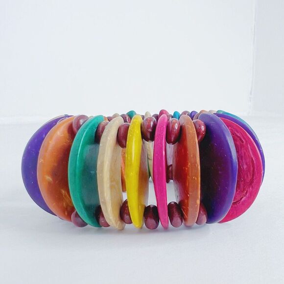 Colorful Coconut Shell Bracelet Rainbow Multicolored Vacation Summer Ibiza - Picture 2 of 4